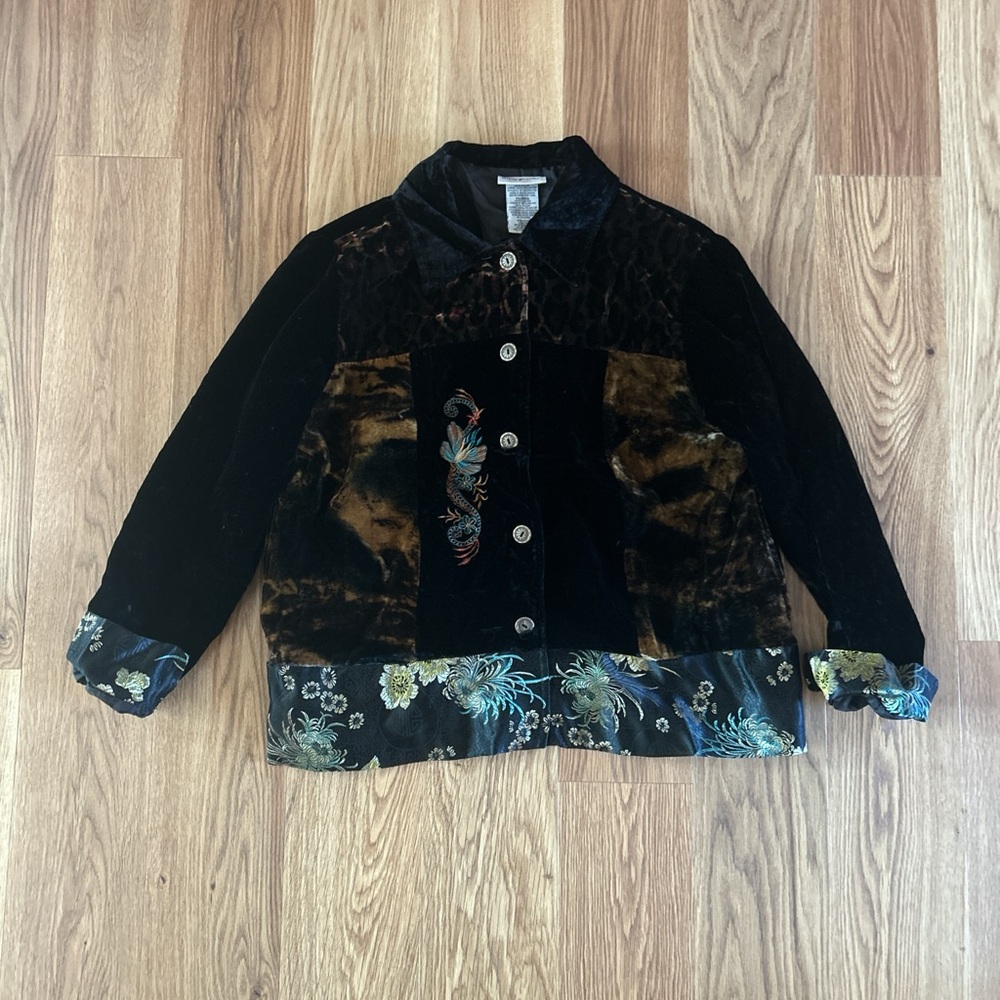 White Stag Black and Brown Velvet Patchwork Jacket with Floral Trim